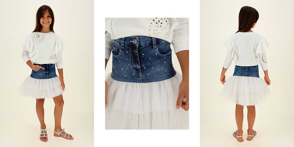 Spódniczki tiulowe dla dziewczynek z jeansowym karczkiem - modne ubrania dla dzieci - kolekcja Monnalisa lato 2021.